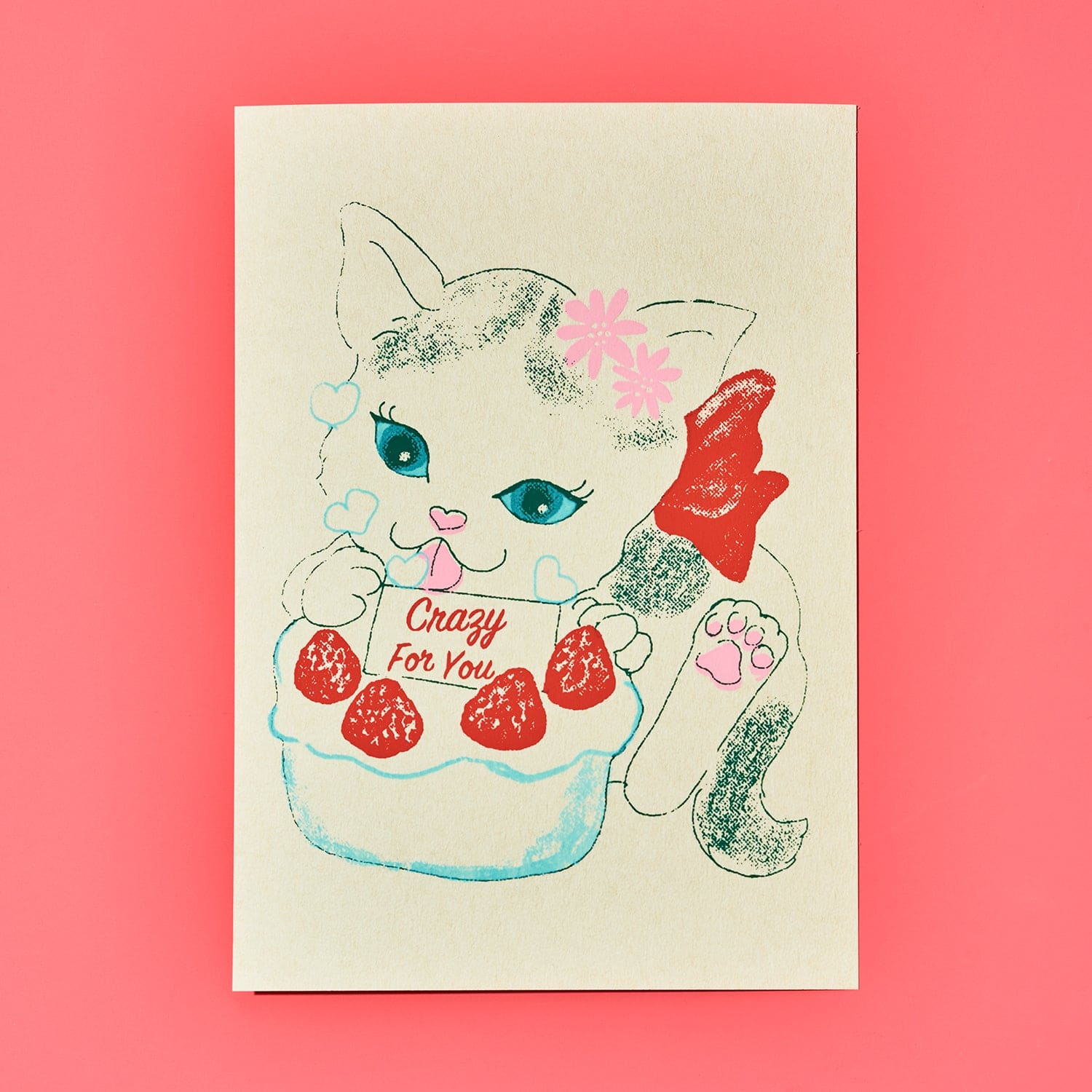 Hand Silkscreen Postcard - Crazy for you Cat Cat