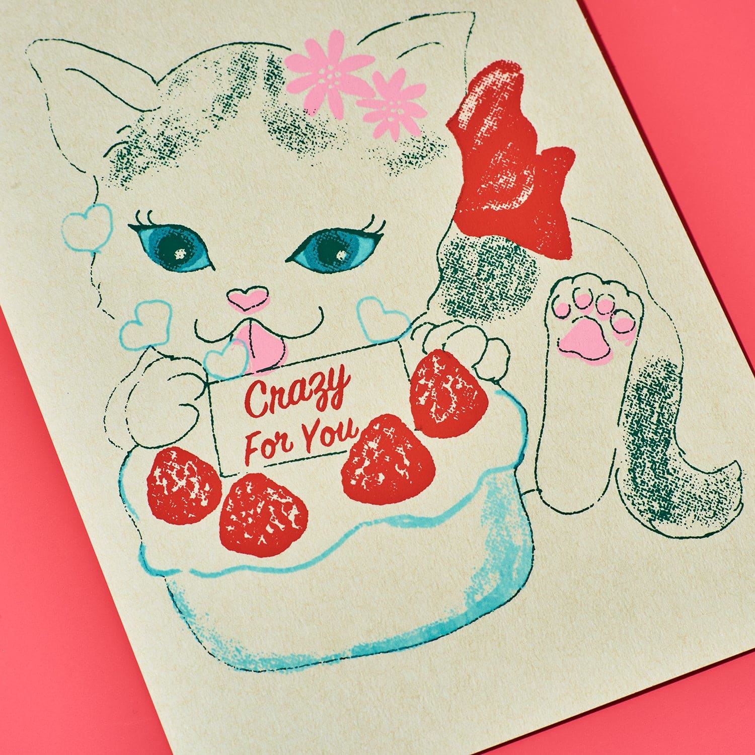 Hand Silkscreen Postcard - Crazy for you Cat Cat