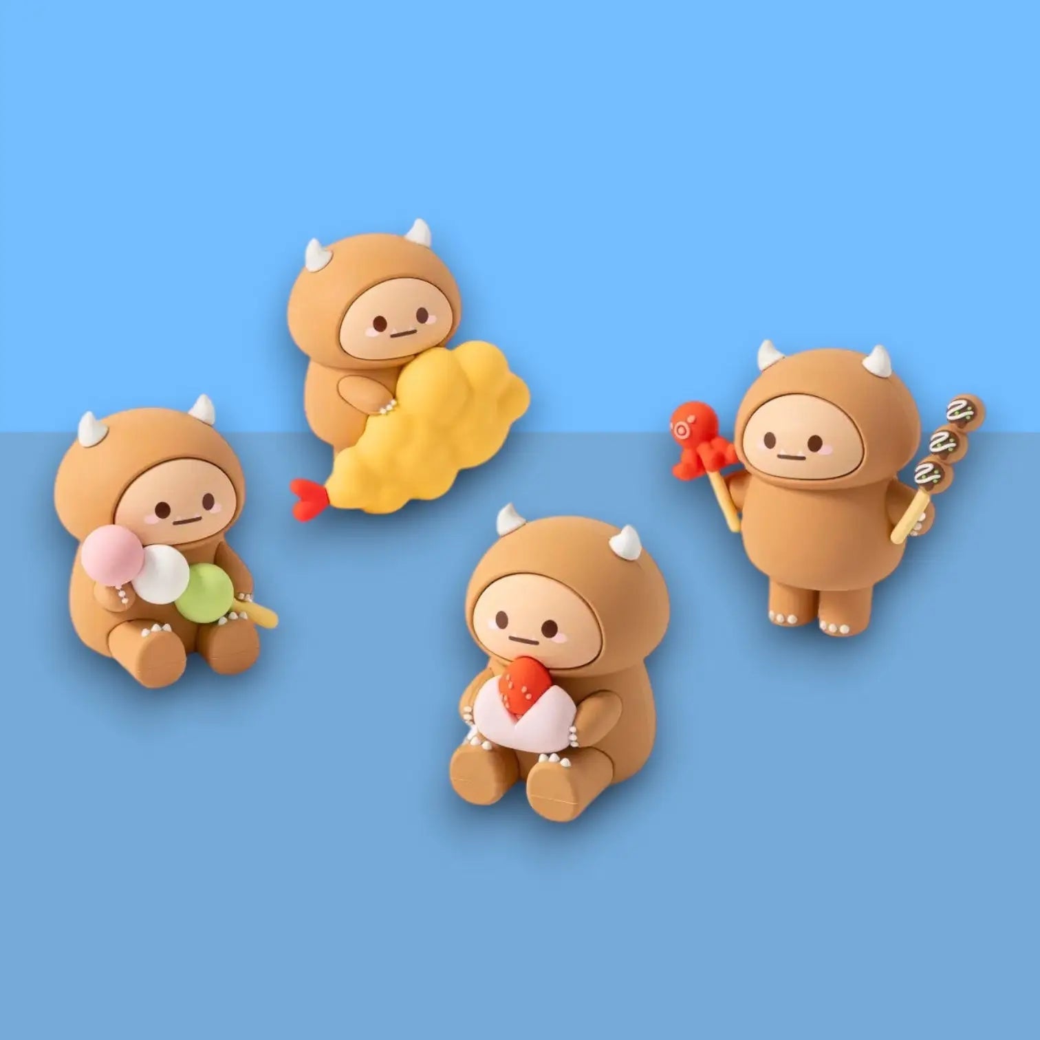 Four cute brown character figurines with different items on a blue background