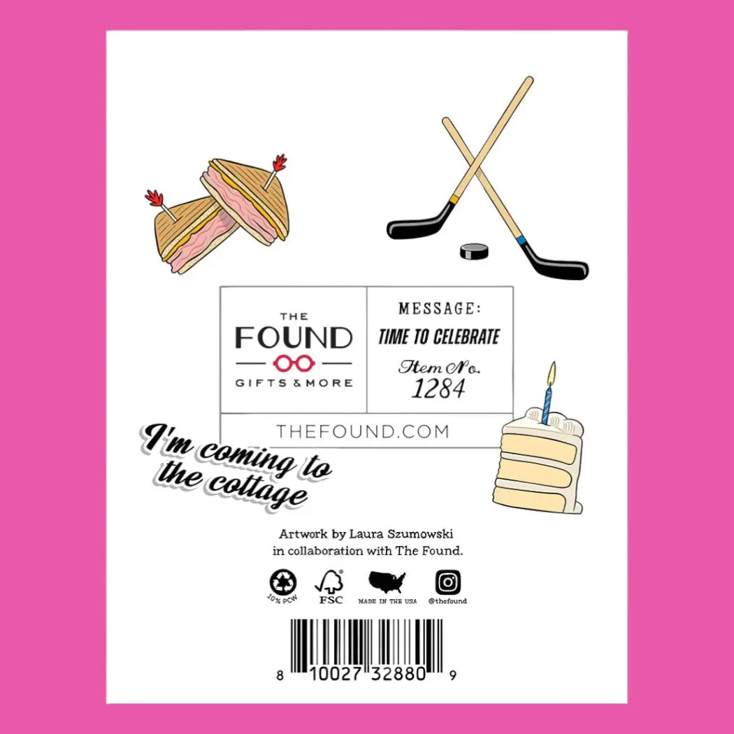 Product packaging with hockey sticks, cake, and text on a pink background