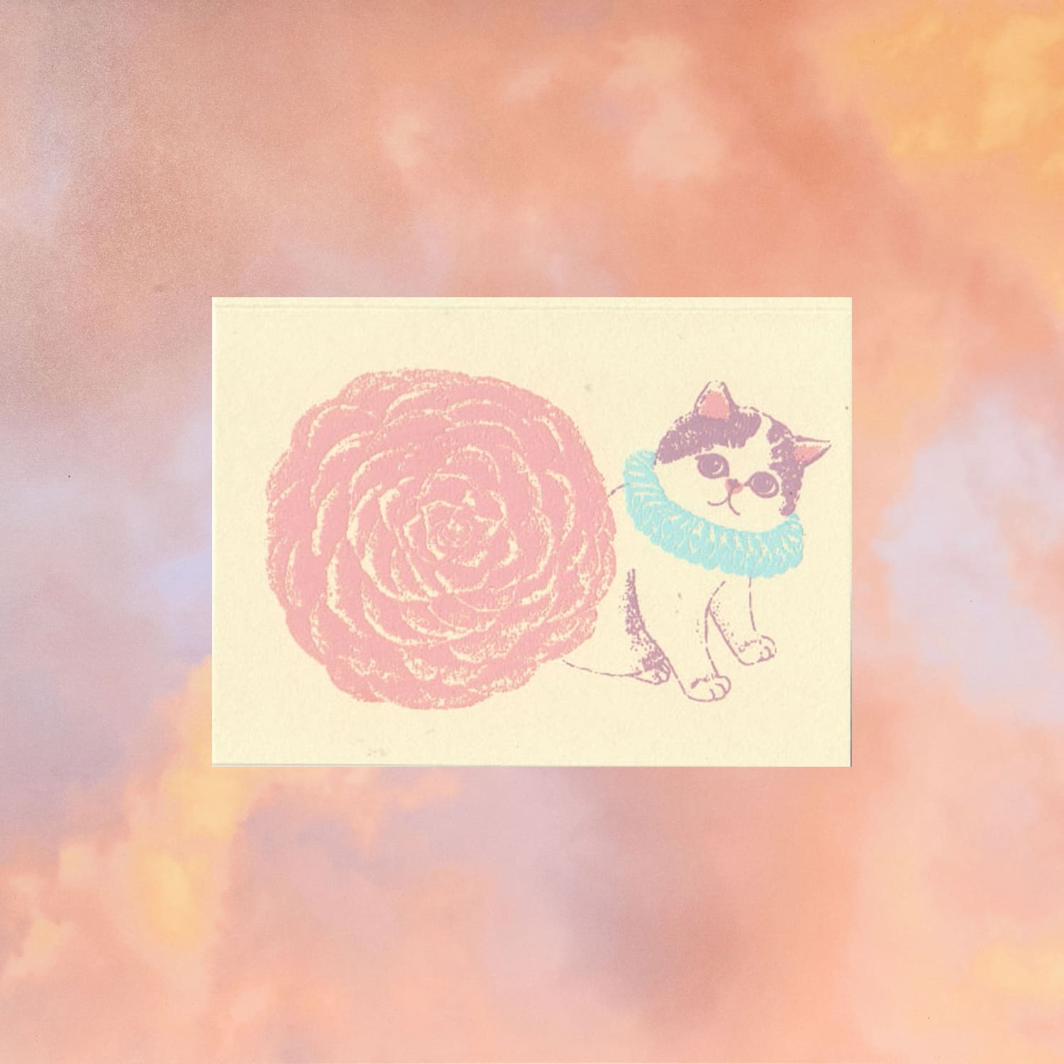 Japanese Silkscreen Greeting Card - Flower Kitty Cat Lover -