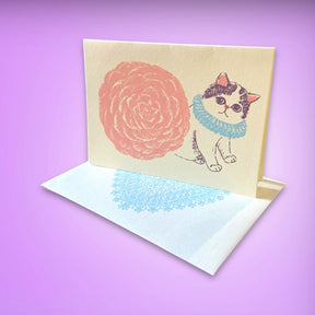 Japanese Silkscreen Mini Greeting Card - Flower Kitty Cat
