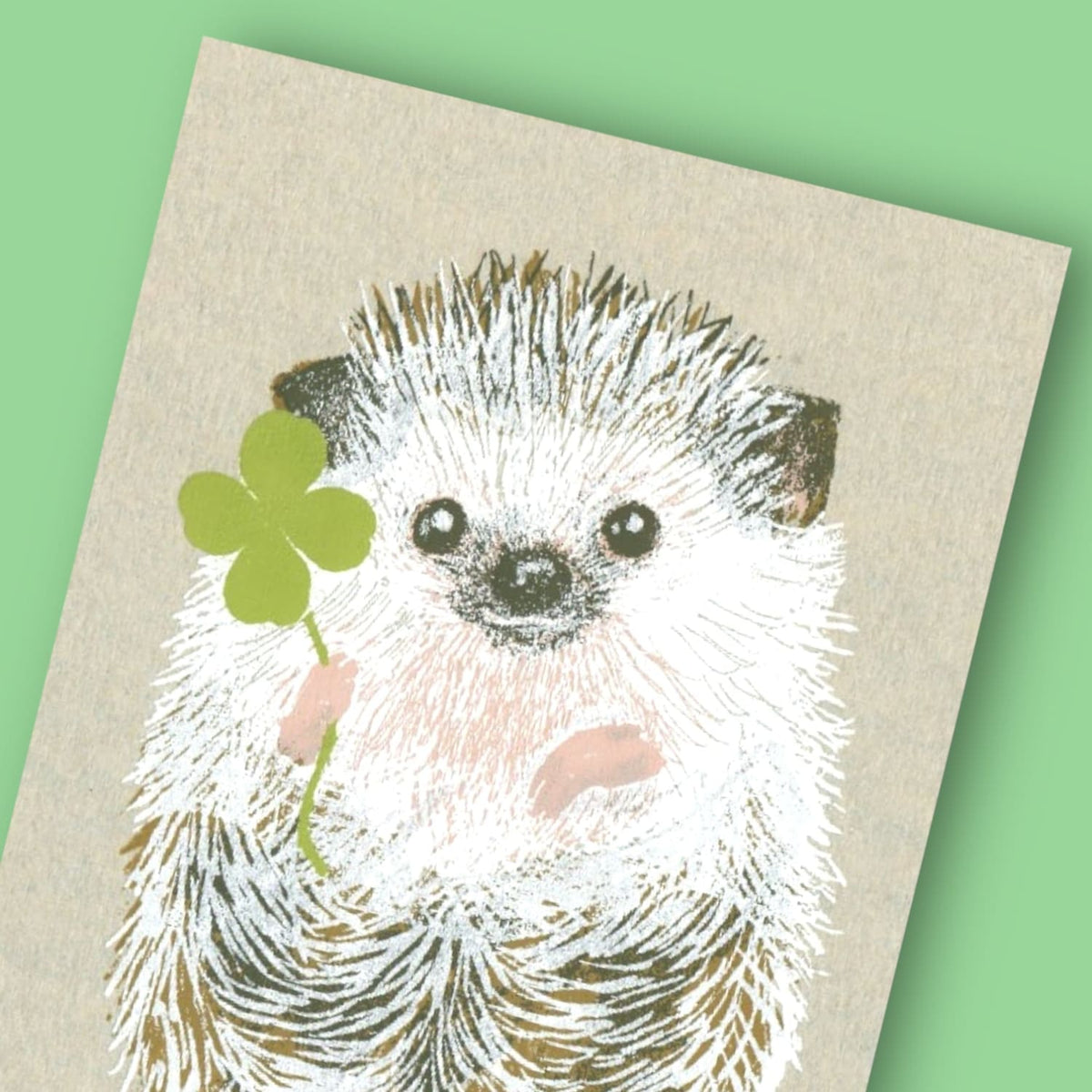 Hand Silkscreen Postcard Clover Hedgehog P185 0823 -