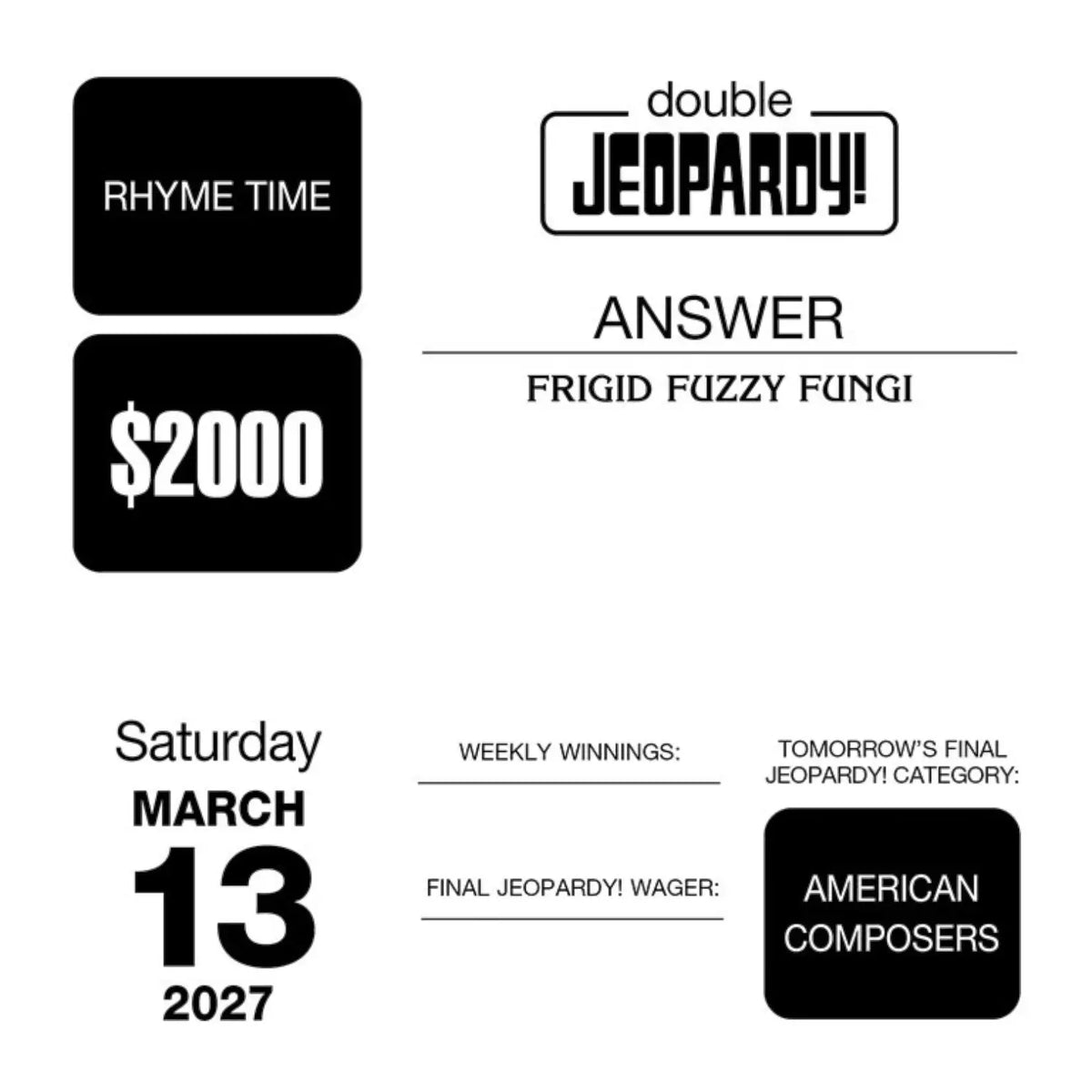 Jeopardy! game show card with question, answer, and branding