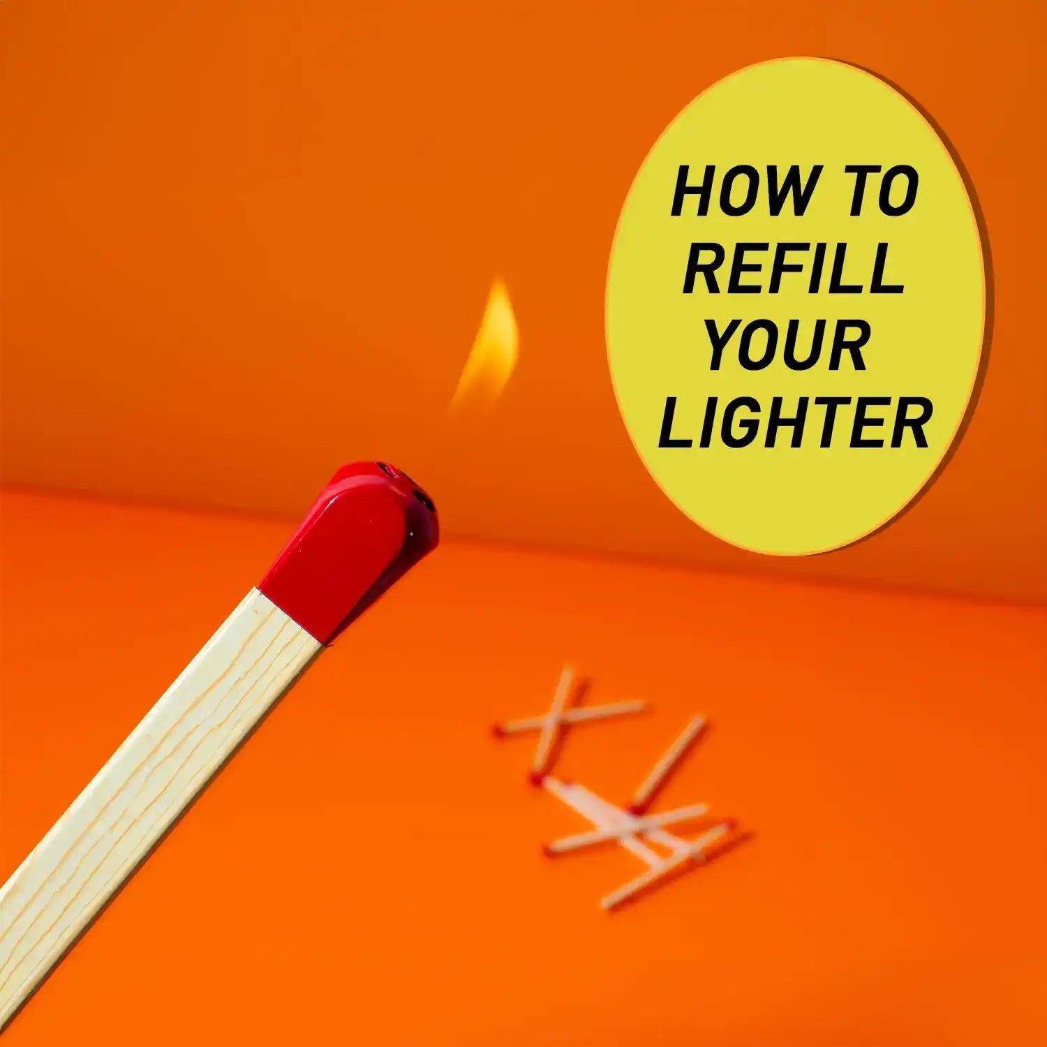 Lit matchstick with a red tip against an orange background.