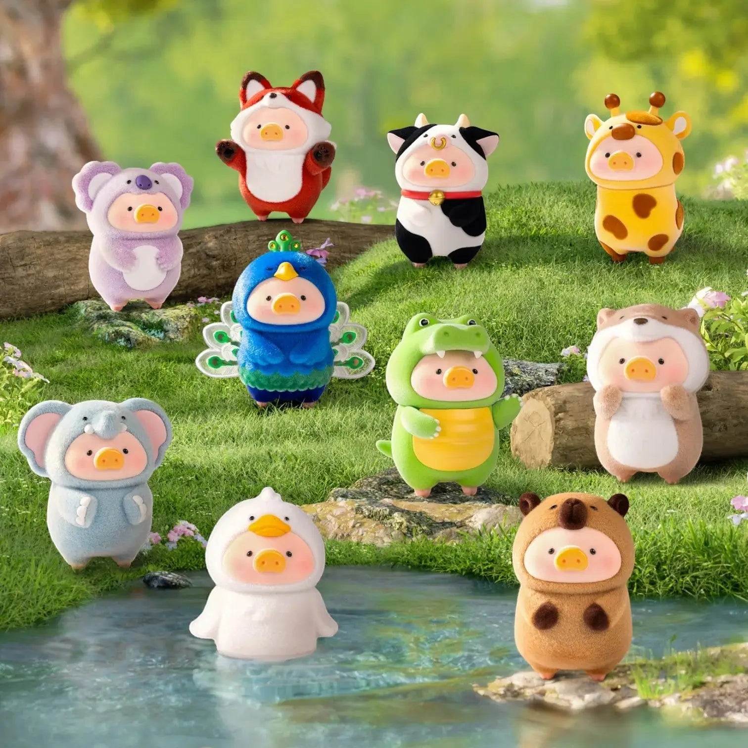 A group of cute animal-shaped duck figurines standing on grass by a small stream in a garden setting. The figures include a fox, cow, giraffe, peacock, frog, bear, duck, and other animal costumes in many colors.