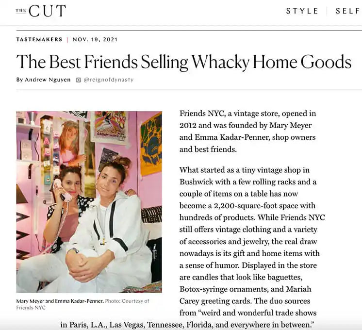 A magazine article about a vintage store called Friends NYC and its quirky home goods.