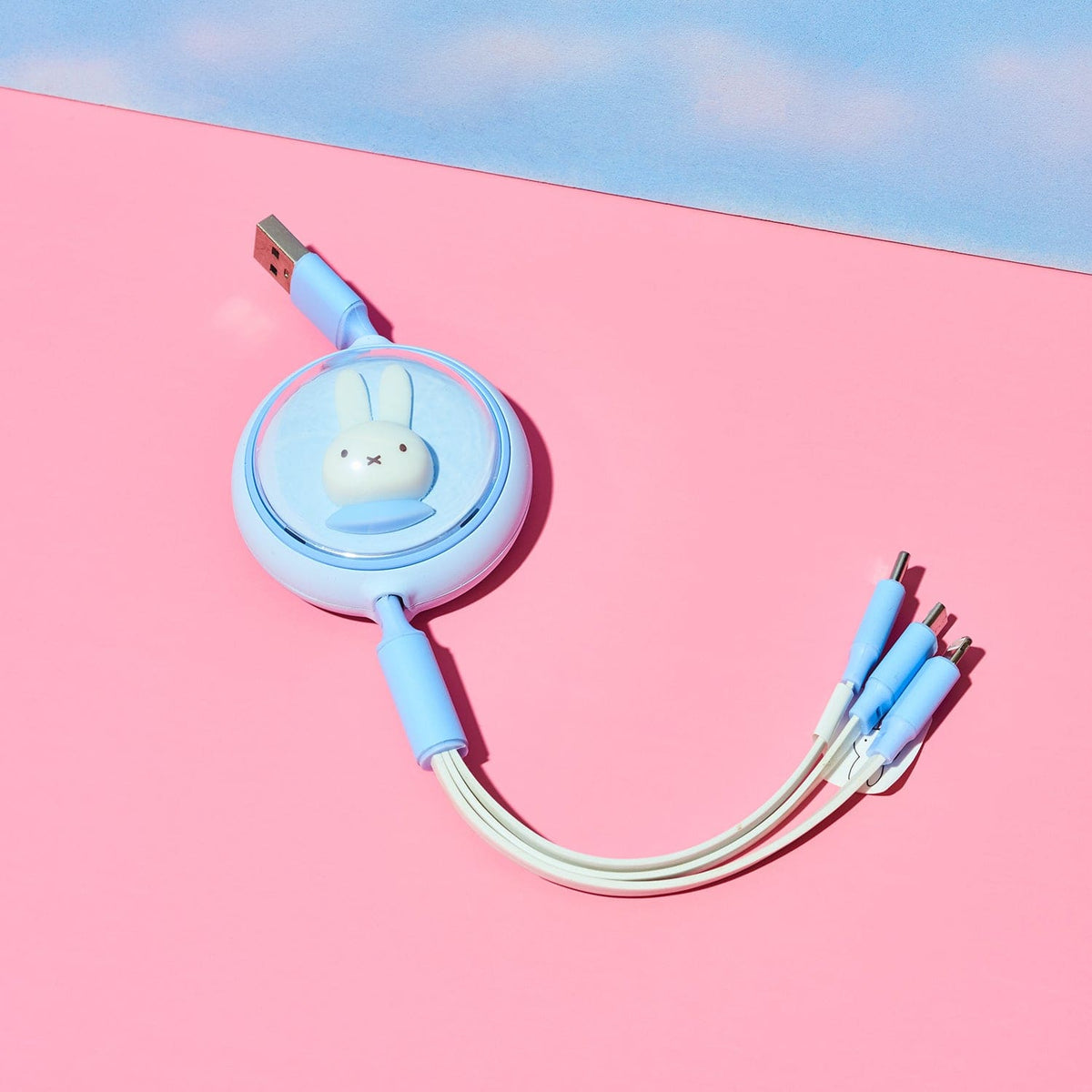 Retractable cable with cartoon character on a pink and blue background