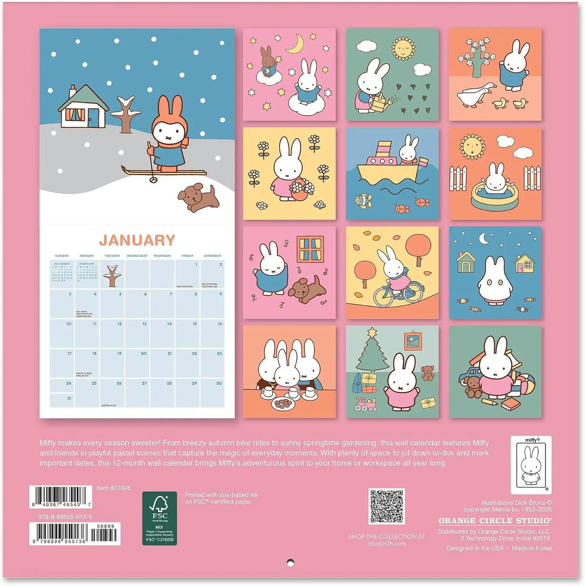 A pink Miffy wall calendar page showing January with a large monthly grid and twelve colorful illustrated panels featuring the rabbit character in different seasonal scenes. Text at the bottom includes branding and product details.
