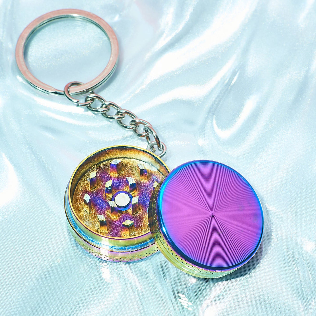 Mini Metal Grinder Keychain - Rainbow Aesthetic Smoke