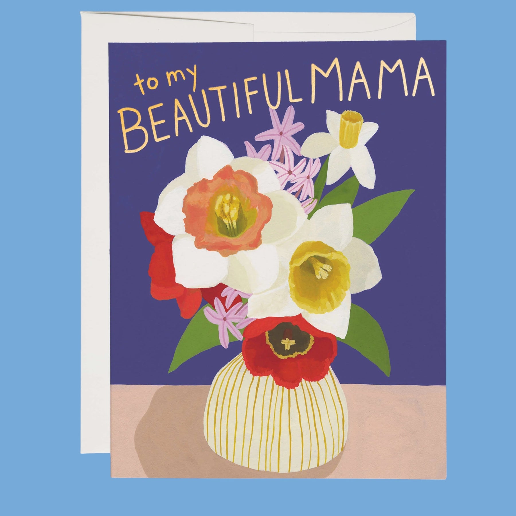 Card with a watercolor of flower's in a vase with the text "to my beautiful mama"