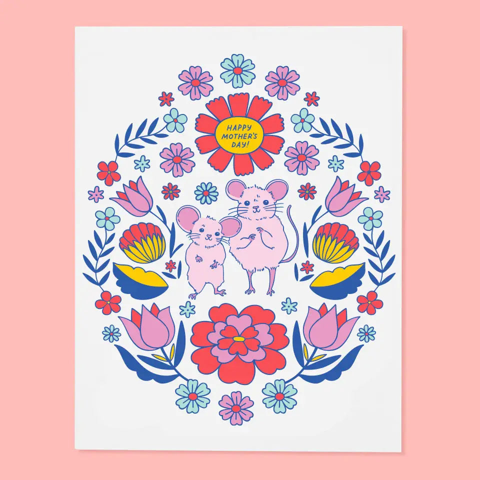 Illustration of two pink mice with flowers on a white background and the word's Happy Mother's Day! above them