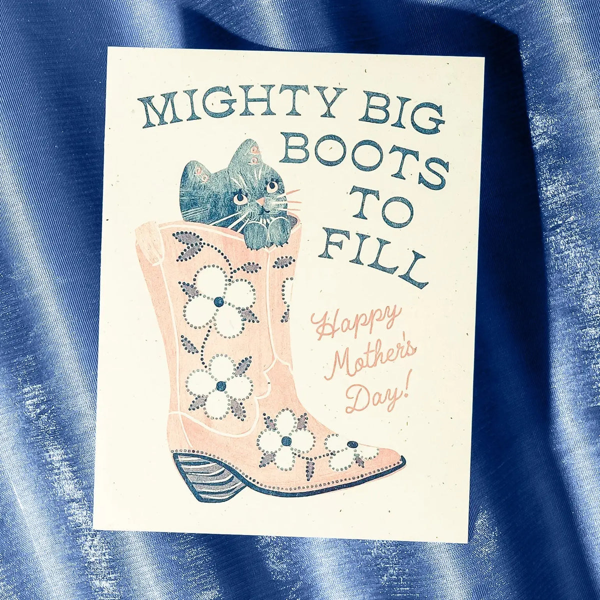 Illustration of a cat in a boot with the message "Mighty big boots to fill Happy Mother's Day"