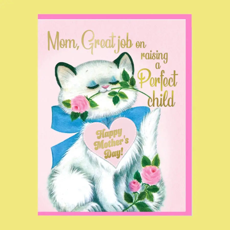 Vintage-style Mother's Day card with a cat holding flowers and a heart, on a yellow background.