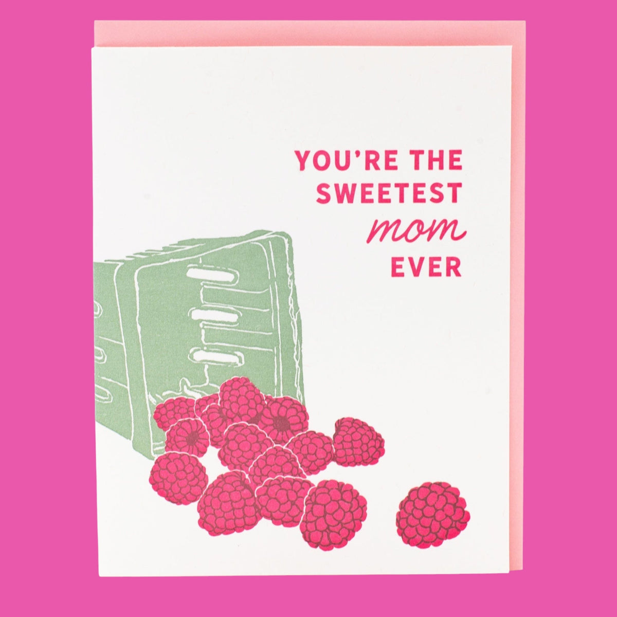 Greeting card with raspberries and text 'You're the sweetest mom ever' on a pink background