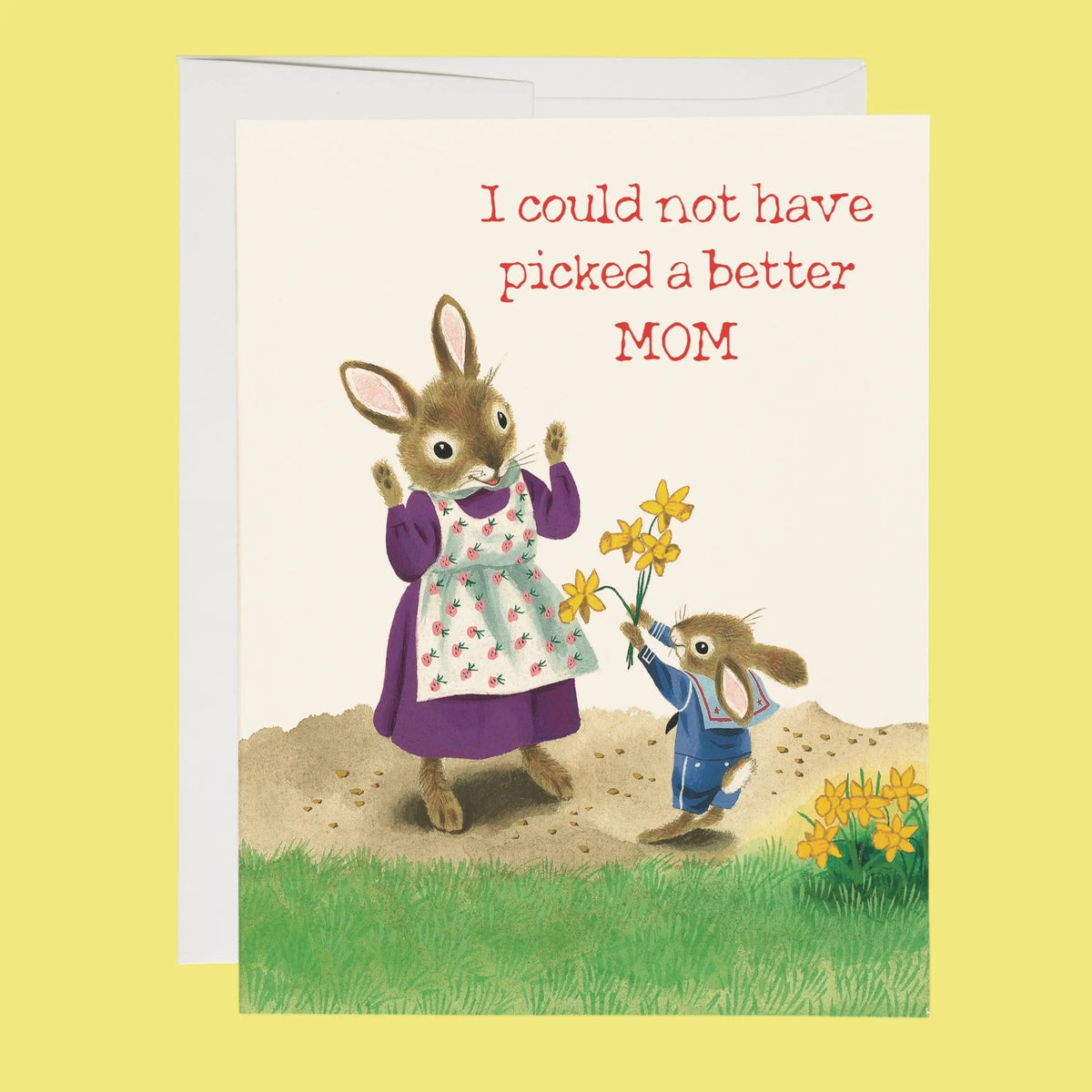 Greeting card with illustration of a mother rabbit and her baby on a yellow background. The child is giving the mother daffodils 