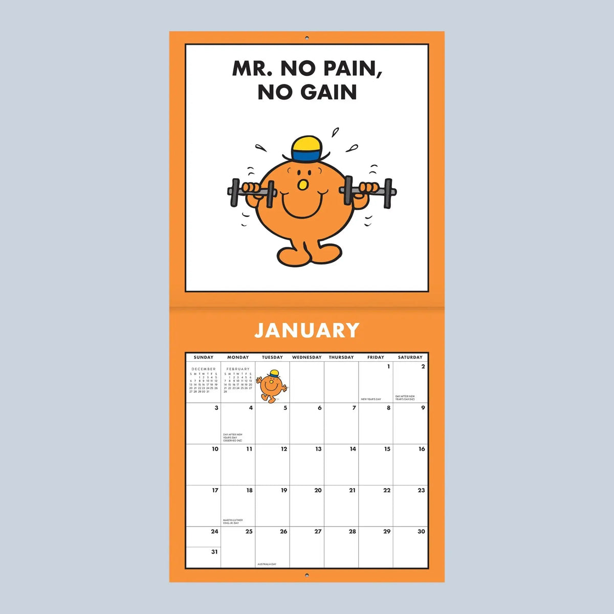 A January wall calendar page featuring the Mr. Men character lifting a barbell with the text 'MR.