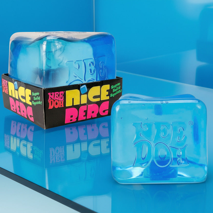Blue 'Nice Berg' product with packaging on a light blue background