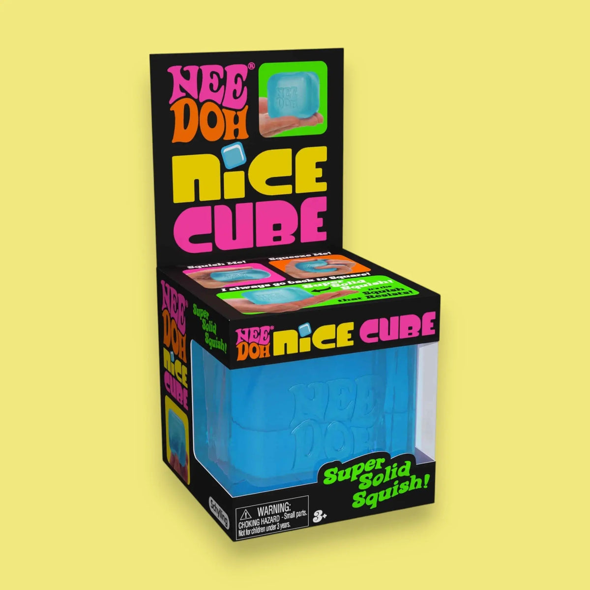 Box of Nee Doh Nice Cube on a yellow background