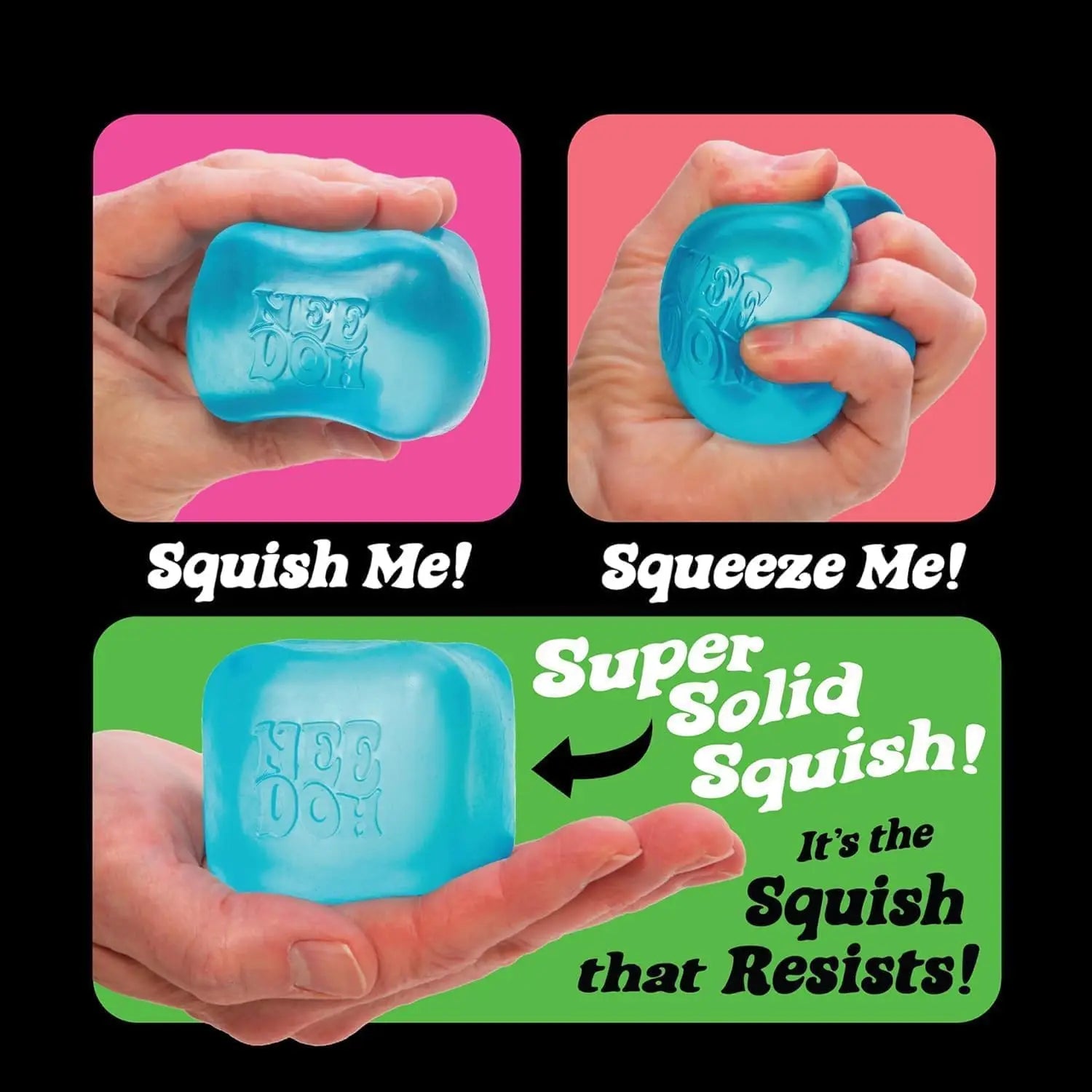 Blue stress ball being squished and squeezed with text indicating its resistance properties.