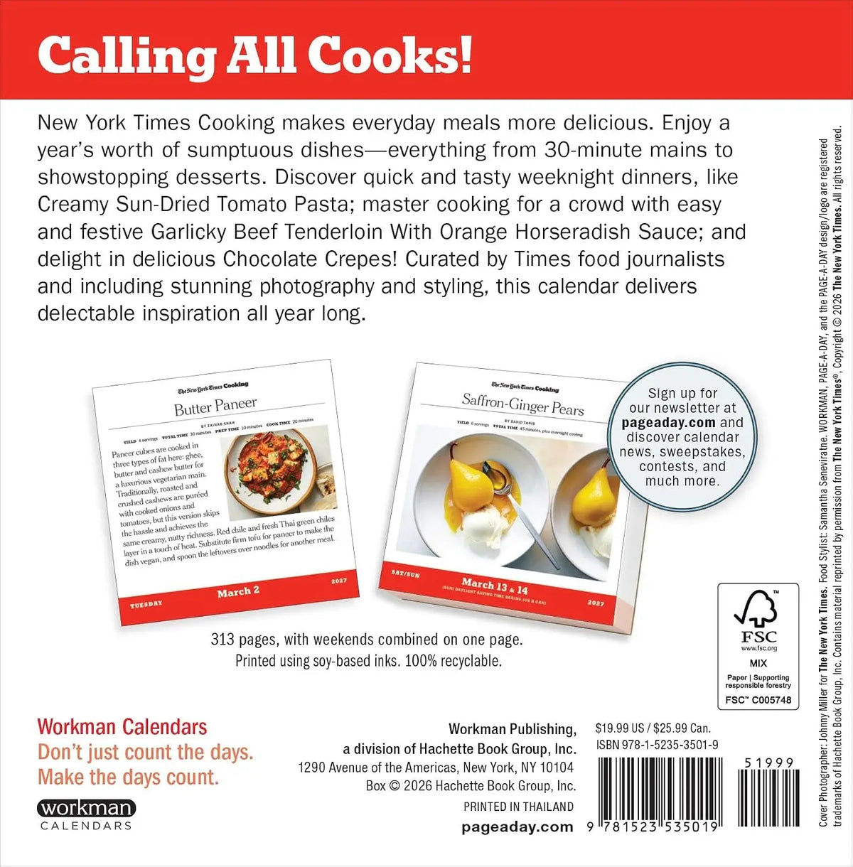 Back cover of Workman Publishing's 'Calling All Cooks!' recipe calendar, featuring a white background with a red header, recipe callouts, food photography, and barcode information.