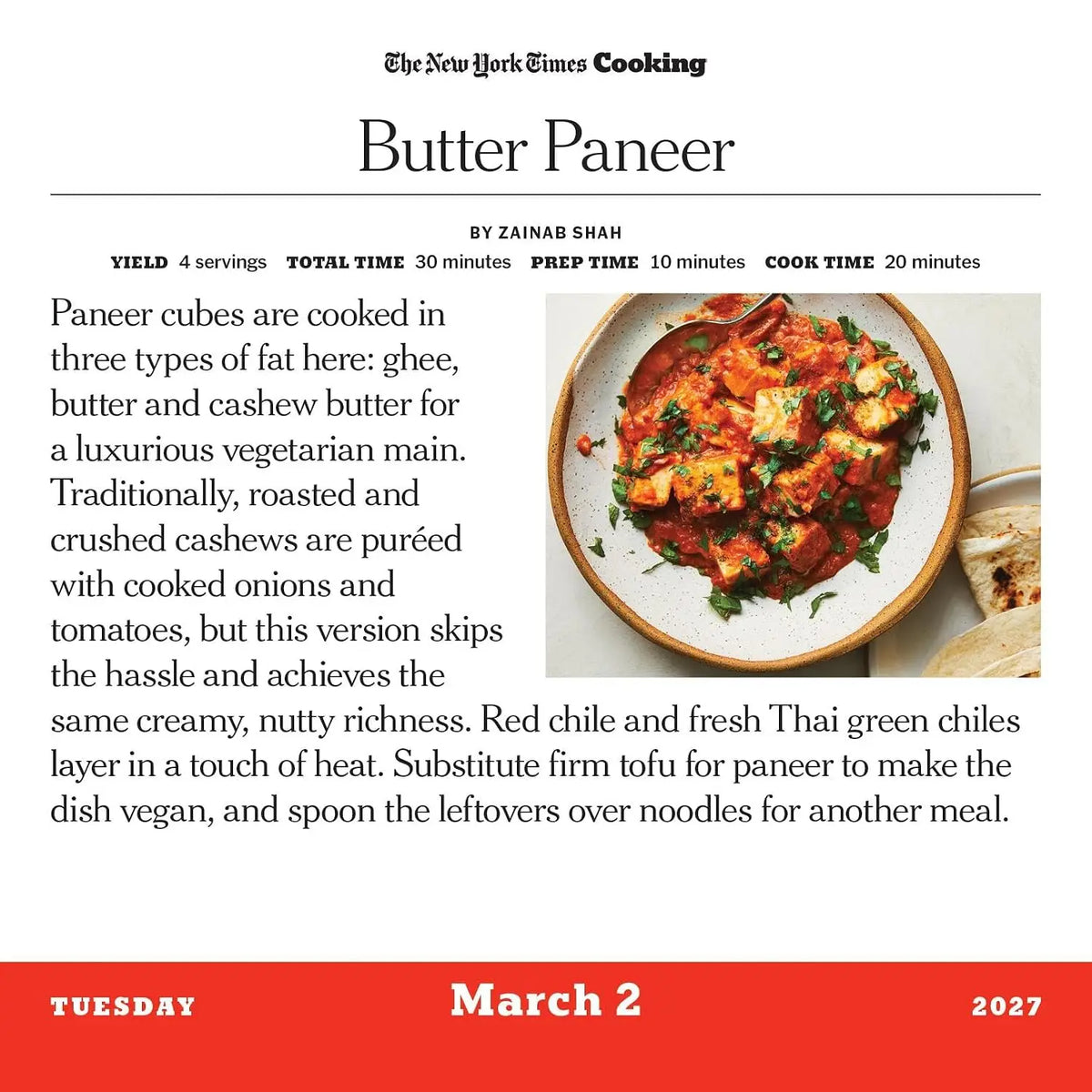 A New York Times Cooking article page titled 'Butter Paneer' with recipe text, a photo of a plated paneer dish, and a red footer bar with the date.