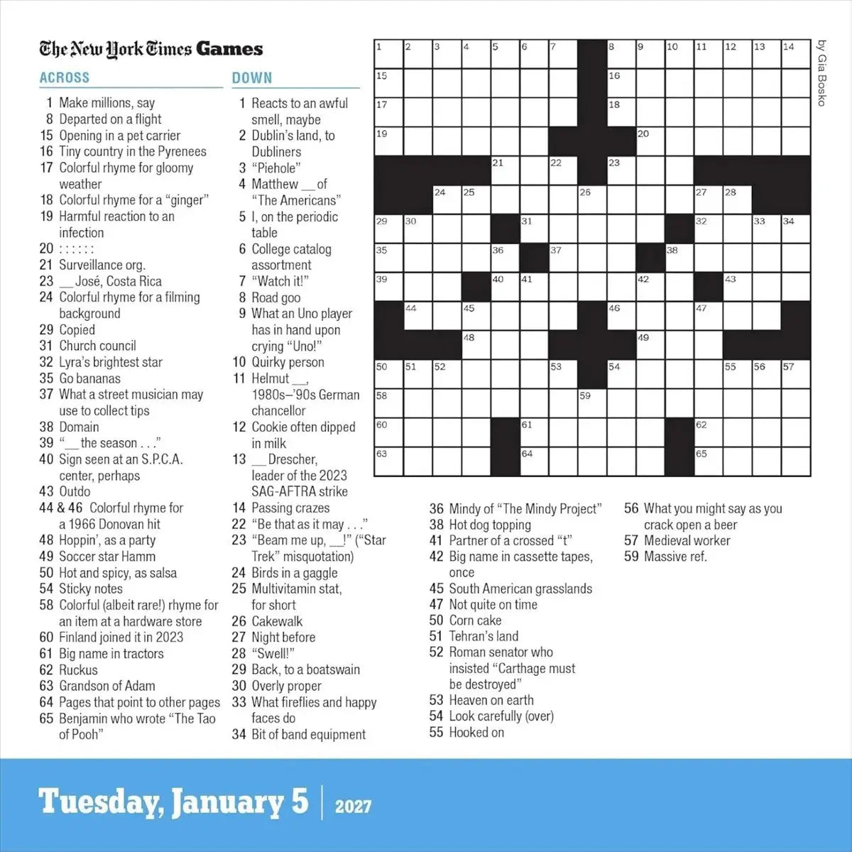 A New York Times Games crossword puzzle page for Tuesday, January 5, 2027, with a black-and-white grid and clues printed in two columns on a white background.
