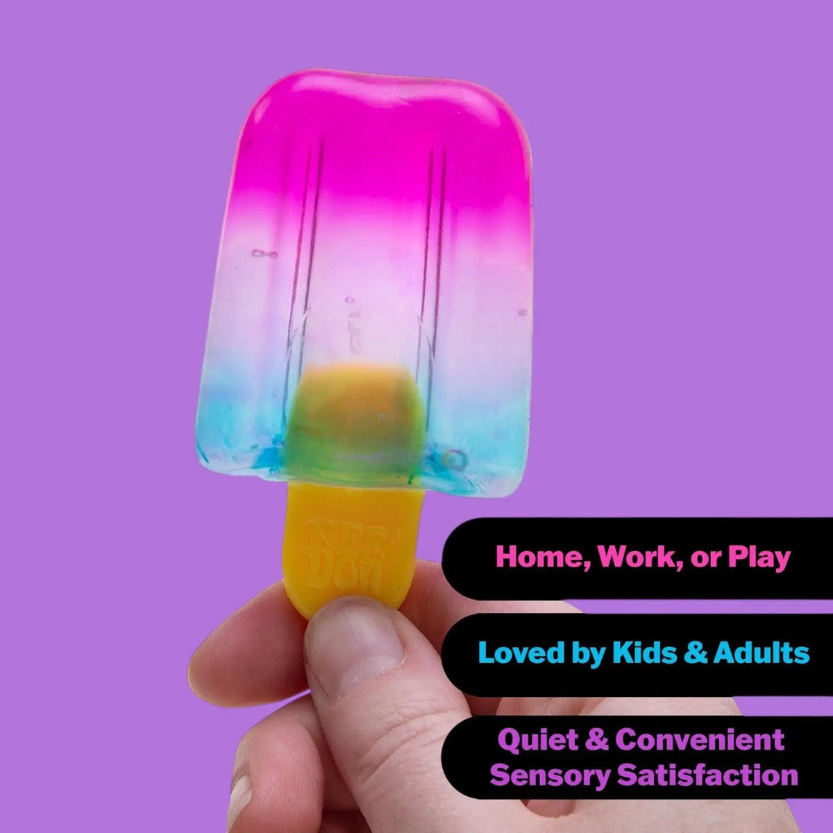 Colorful popsicle-shaped product held by a hand against a purple background with text about its uses.
