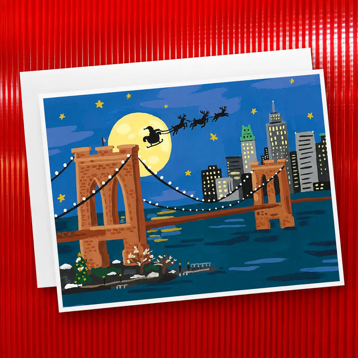 Nyc Brooklyn Bridge Holiday Card Santa Over Christmas
