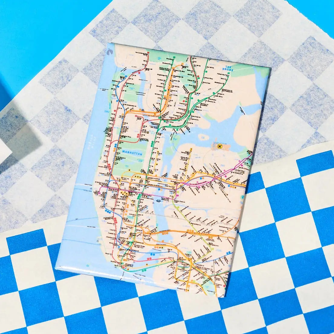 Map of a city on a blue and white checkered surface