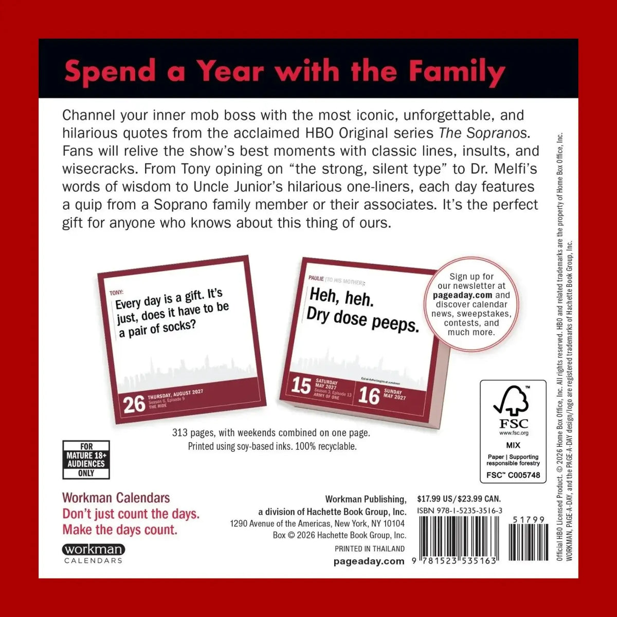 Back cover of the Workman Publishing 'Spend a Year with the Family' humorously branded work calendar, featuring a dark red header, white background, descriptive text, sample calendar pages, and barcode.