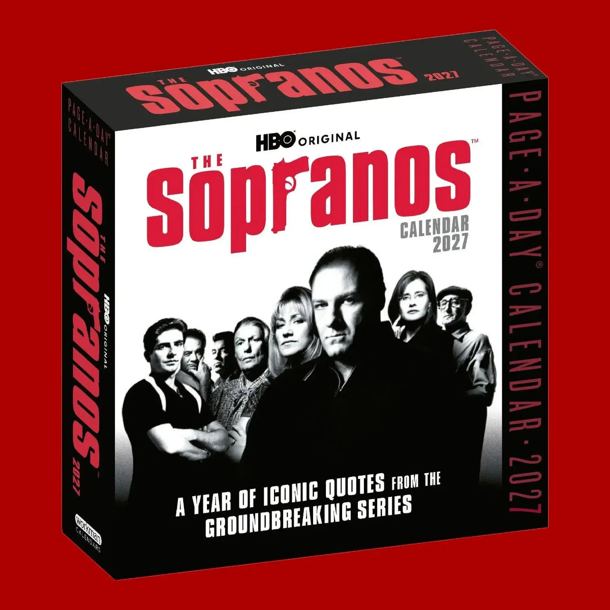 The Sopranos 2027 wall calendar box, an HBO Original page-a-day calendar, shown at a three-quarter angle against a solid red background.