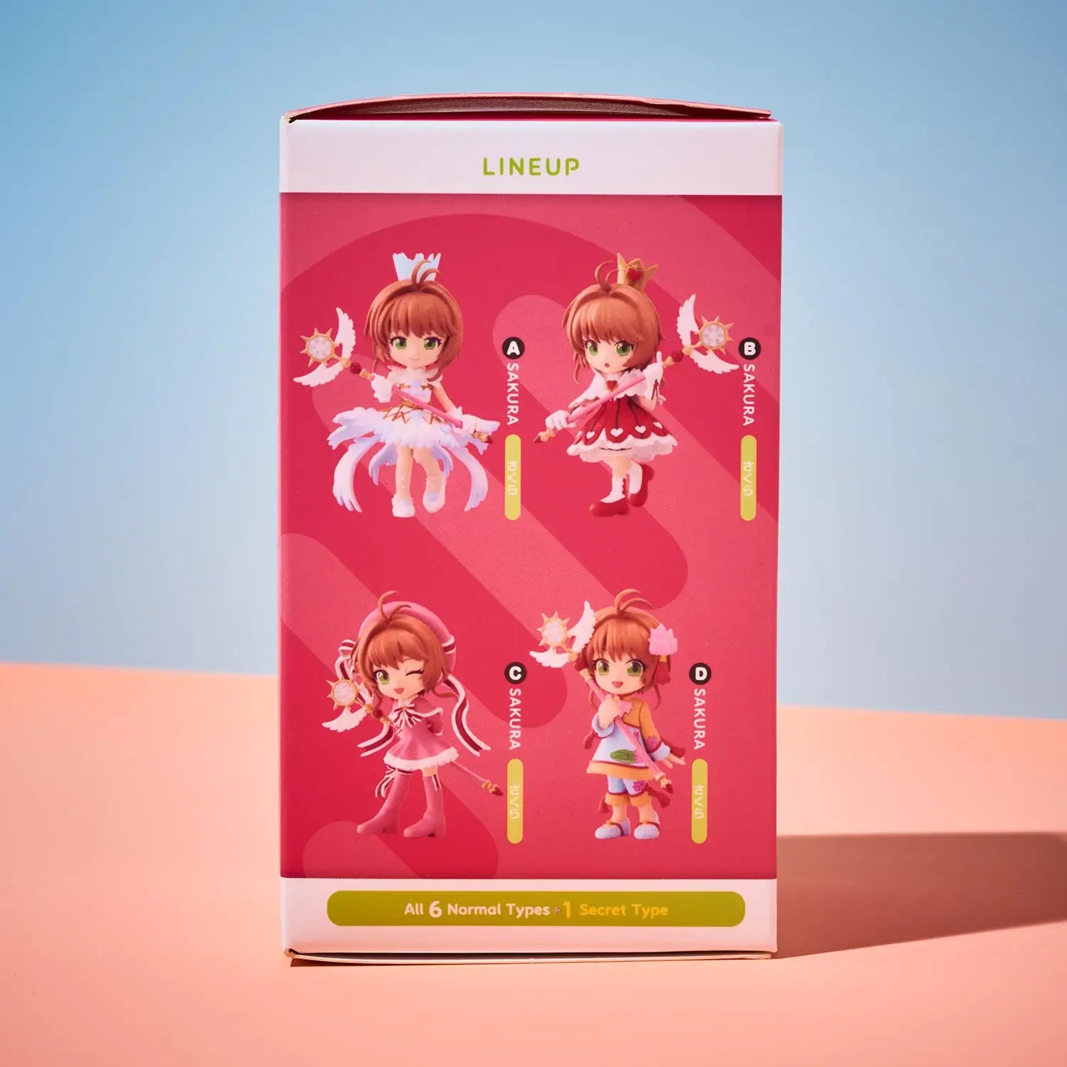 A product box for a LINEUP series type figure, featuring four anime-style character designs on a pink background with a blue and peach gradient backdrop.