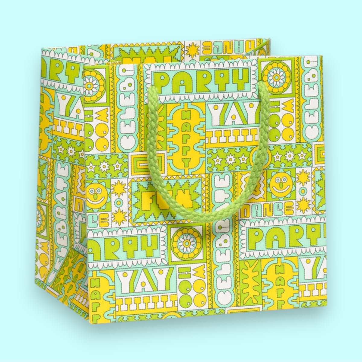 Colorful gift bag with celebratory text and patterns on a light blue background