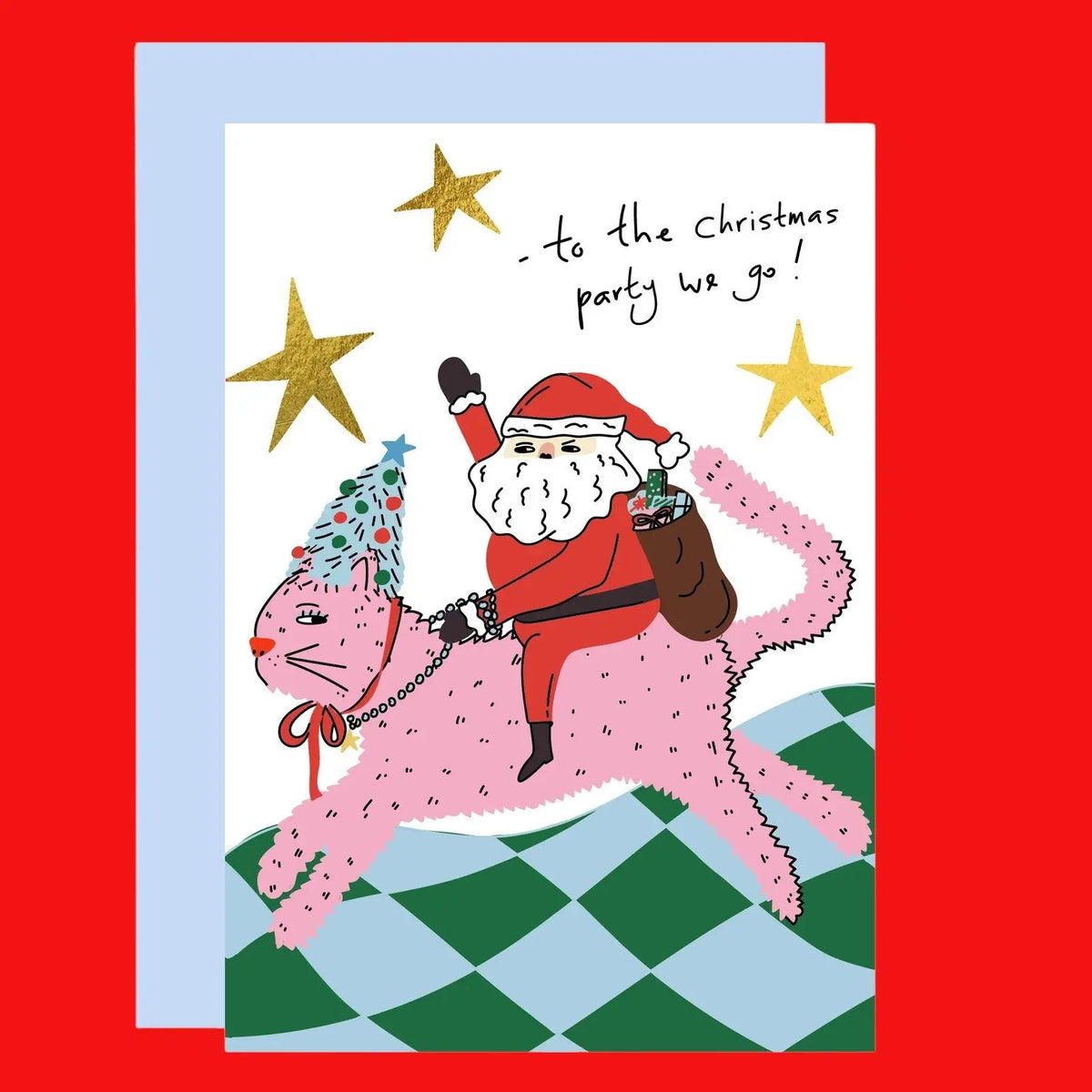 To the Party we Go Holiday Card Santa on a Pink Cat