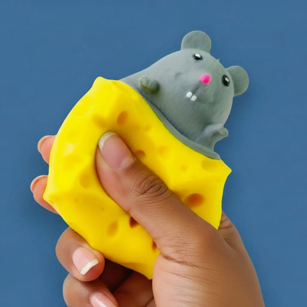 hand squeezing a cheese stress toy