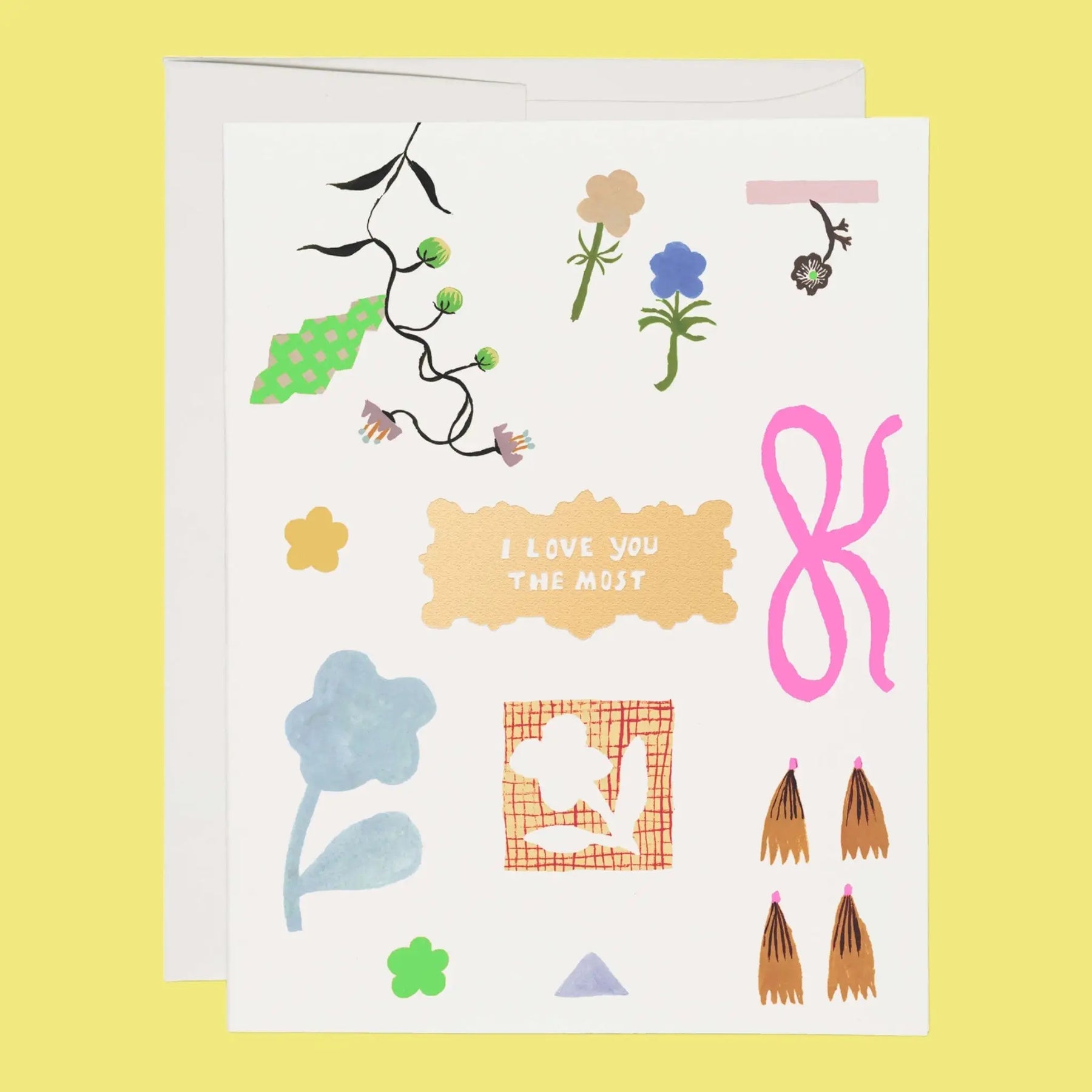 Greeting card with various illustrations and text on a yellow background