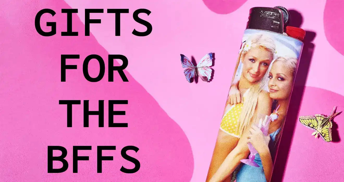 Pink lighter decorated with a photo and butterfly graphics alongside text reading ’GIFTS FOR THE BFFS’