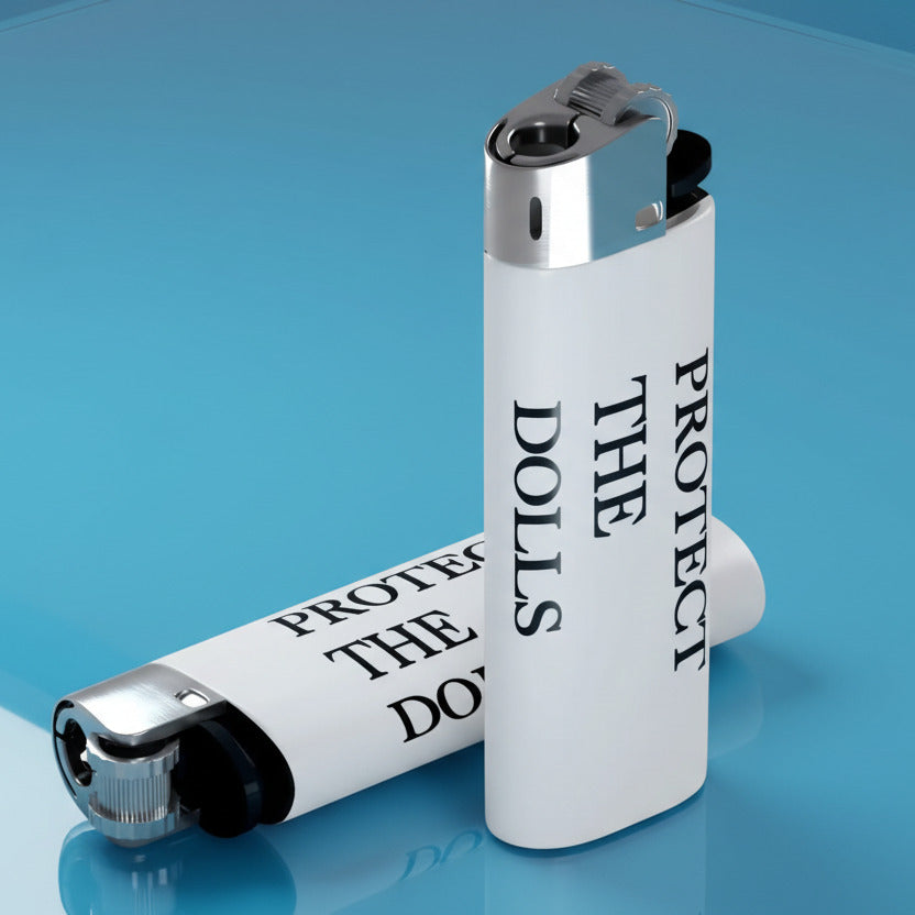 White lighter with 'Protect The Dolls' text on a light blue background
