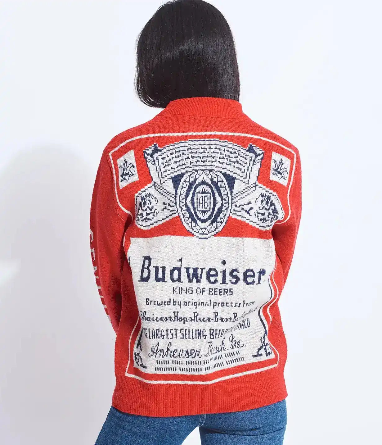 Red knit sweater featuring the Budweiser beer label design on the back.