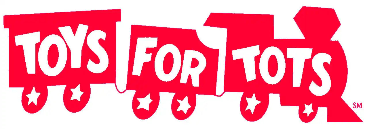 Red train-shaped logo with white text reading ’TOYS FOR TOTS’