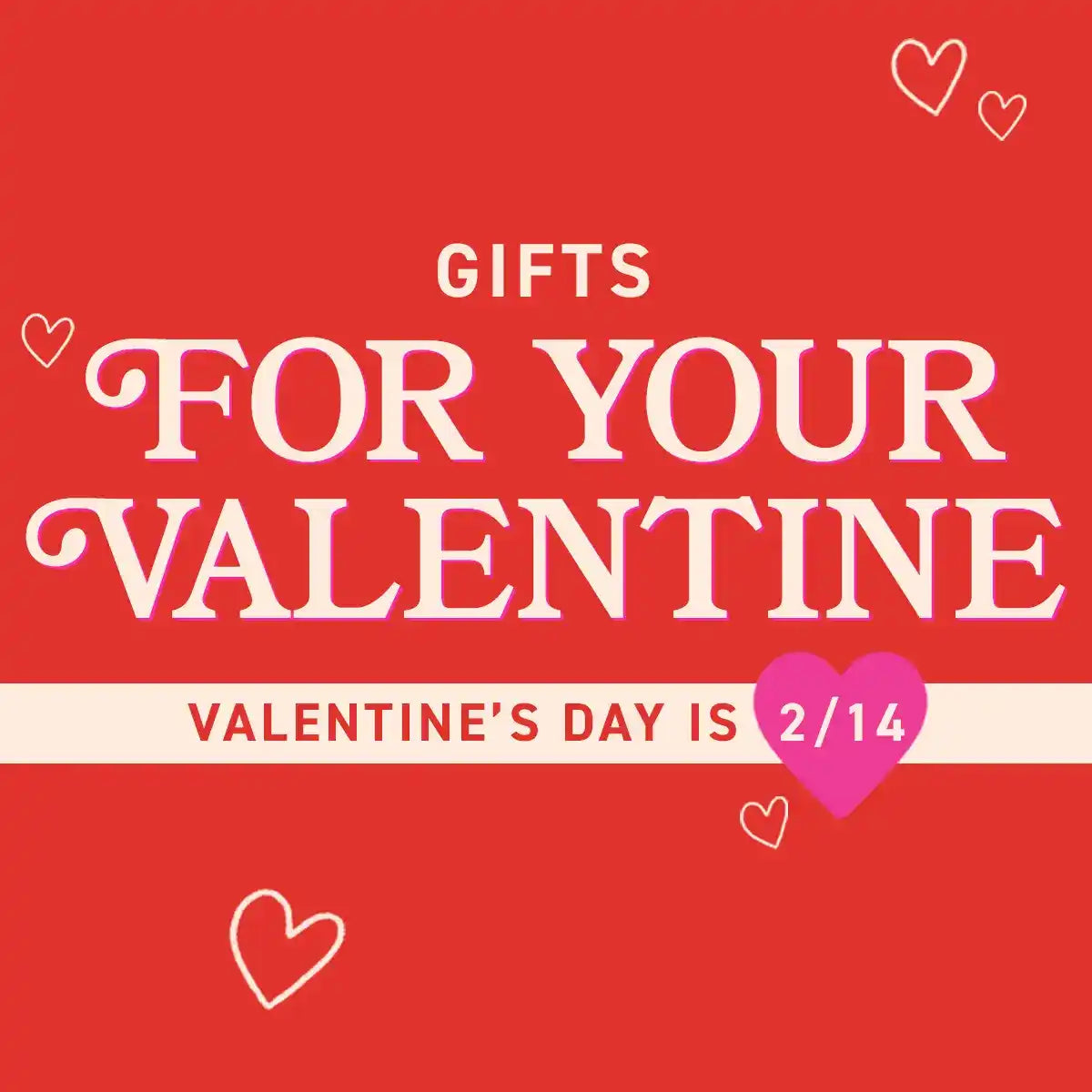 Red Valentine’s Day promotional graphic with white text and decorative heart designs.