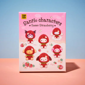 A pink product box for 'TOP TOY Santio characters Sweet Strawberry' blind box set, featuring cute strawberry-themed cartoon characters on the front, set against a split blue and pink background.