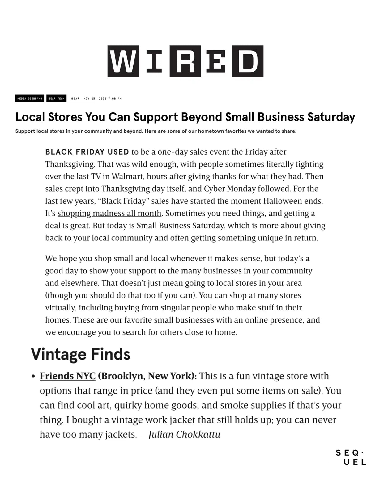 Screenshot of a Wired article about supporting local stores beyond Small Business Saturday.