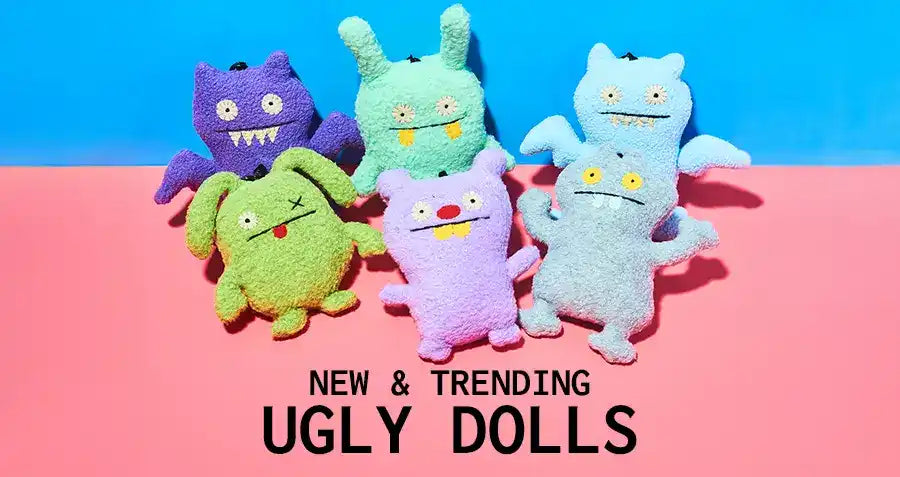 Six colorful plush toys labeled as ’New & Trending Ugly Dolls’ arranged together.