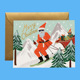 Skiing Santa Holiday Card A2 - Blank - Christmas - Card