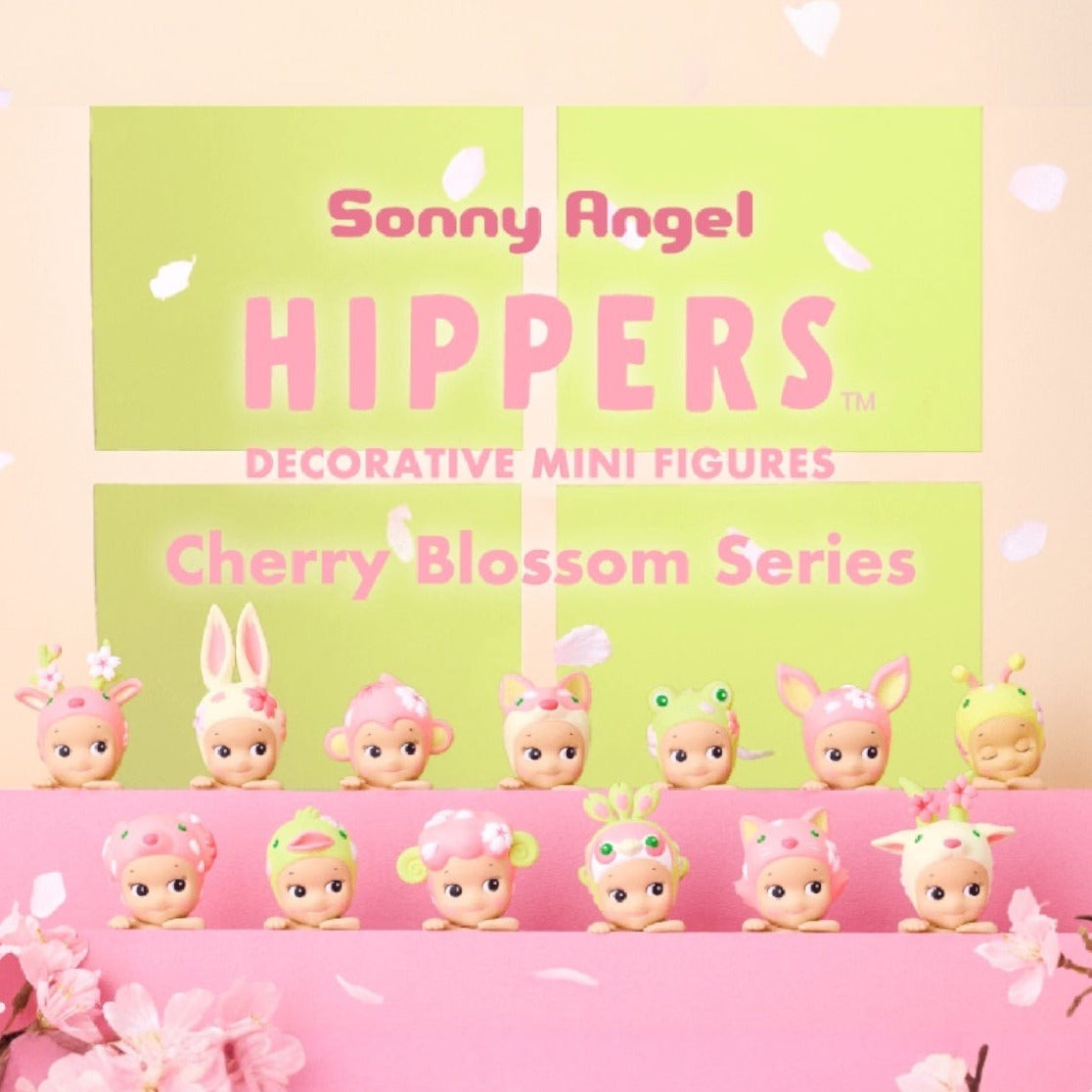 Sonny Angel Hippers Cherry Blossom Series packaging with decorative mini figures on a pink background.