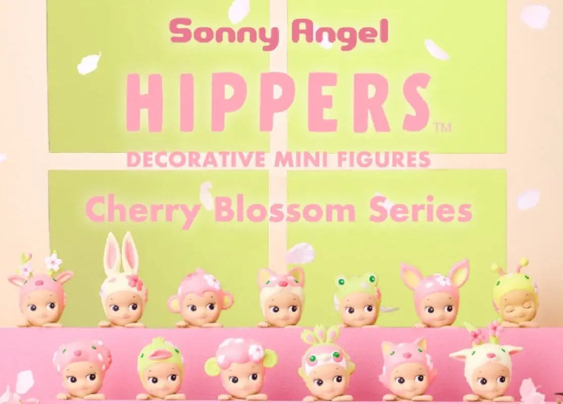 Sonny Angel Hippers Cherry Blossom Series packaging with decorative mini figures on a pink background.