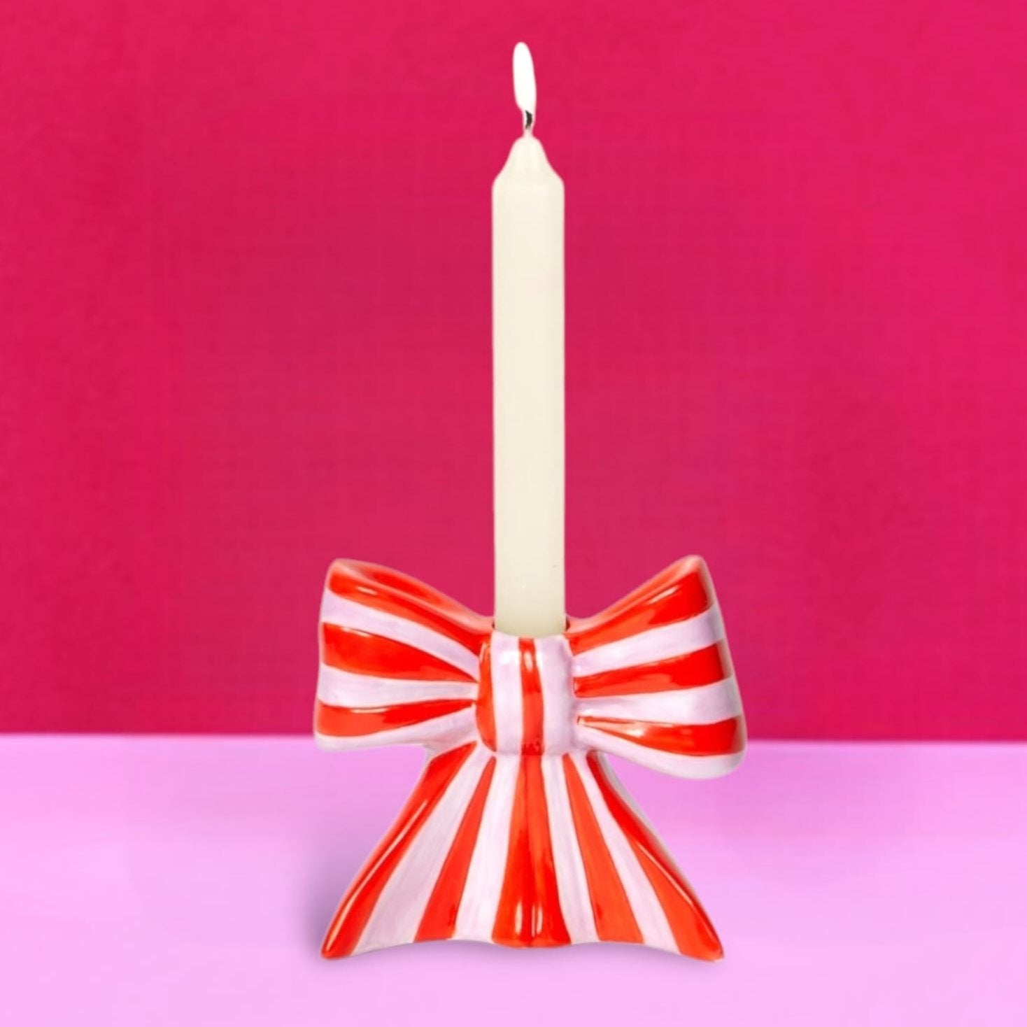 Striped Bow Taper Candle Holder - Large Boxed - Candle