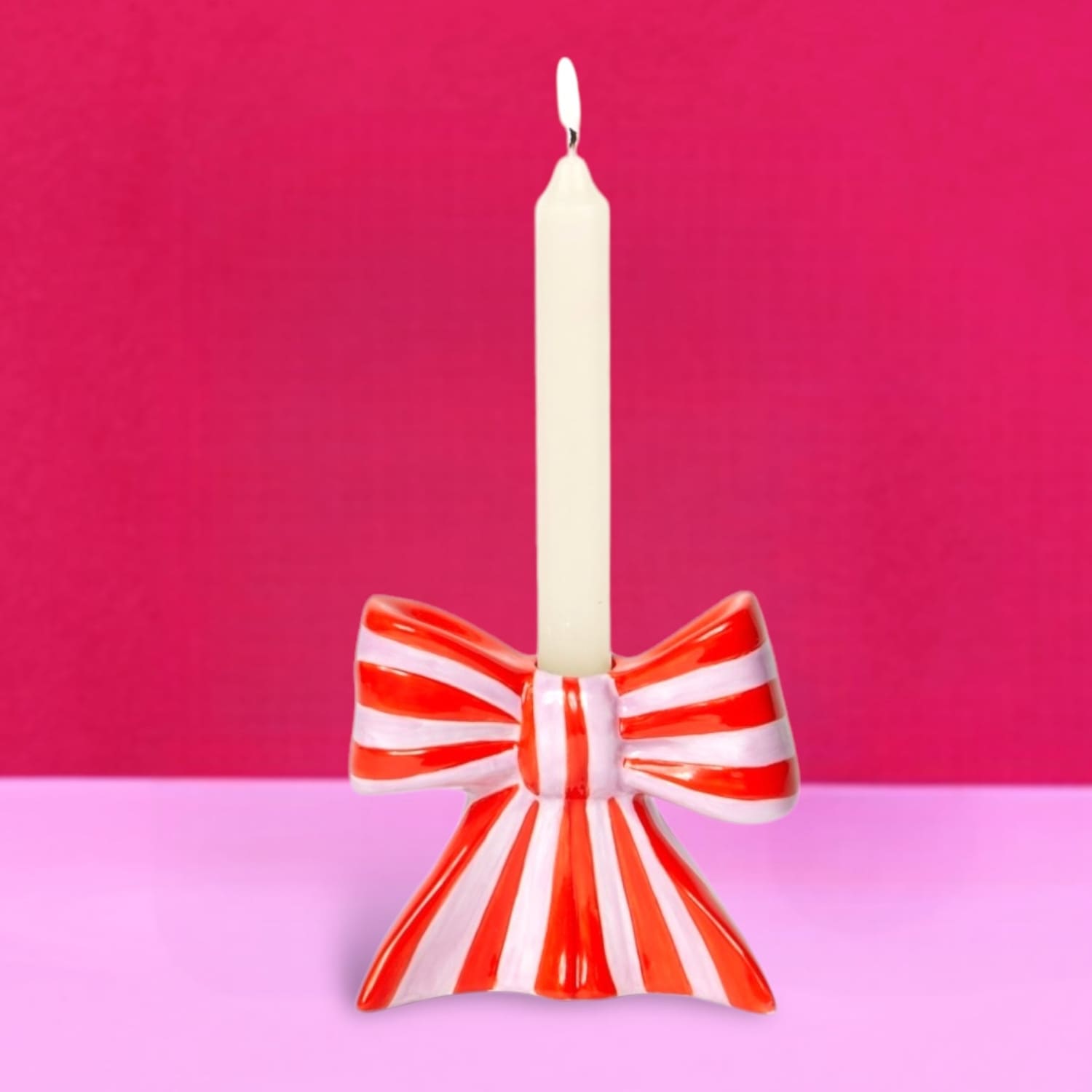 Striped Bow Taper Candle Holder - Large Boxed - Candle